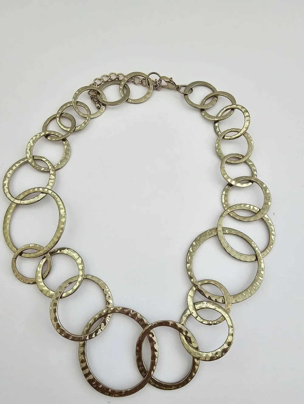 Chunky Hammered Circle Linked Collar Necklace Antique Gold Tone Multi Ring